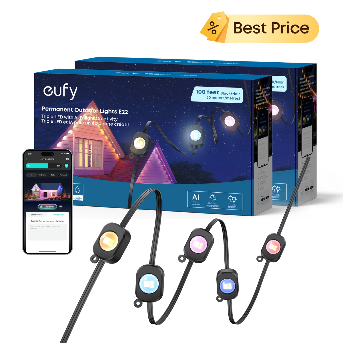 eufy Permanent Outdoor Lights E22, 100 ft, Black (2-Pack)