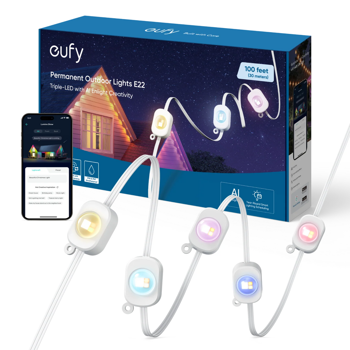 eufy Permanent Outdoor Lights E22, 100ft with 60 Triple-LED Lights, Smart RGBWW for Christmas, Daily and Holiday, IP67 Waterproof, AI Lighting Themes for Christmas Decorations, Links with Cameras