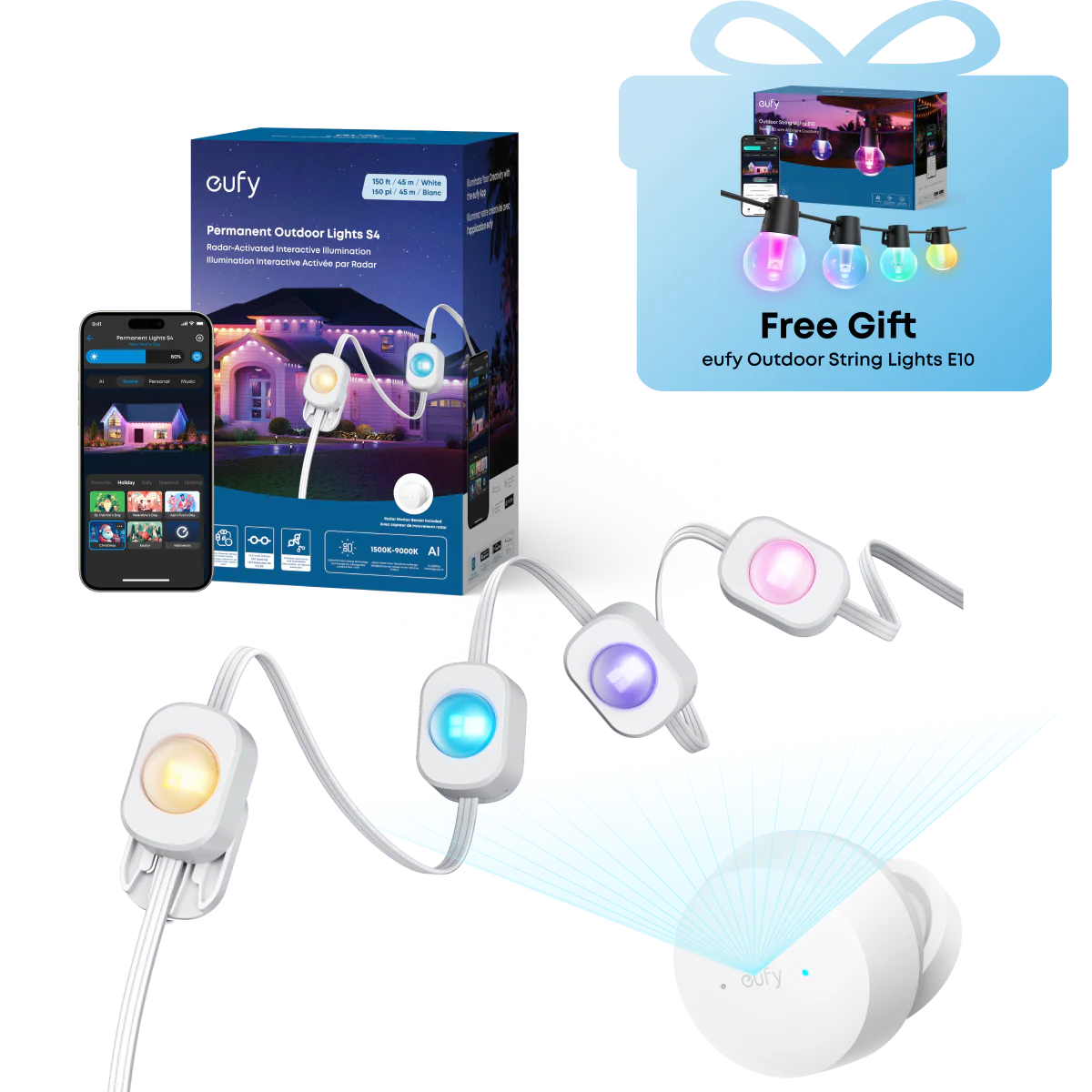 eufy Permanent Outdoor Lights S4 (150ft with 108 LED Lights) +Free eufy Outdoor String Lights E10